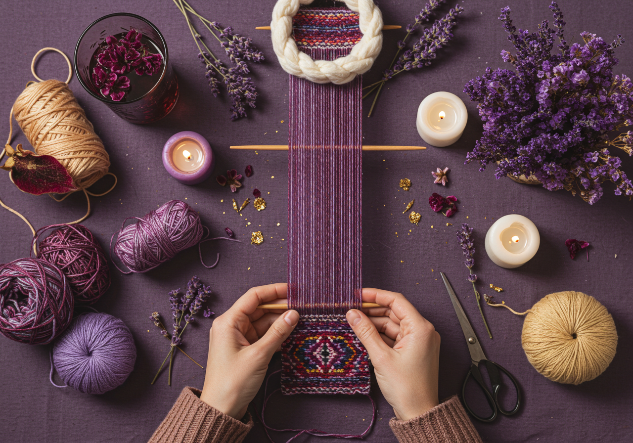 Manos tejiendo en telar con lanas, lavanda y velas